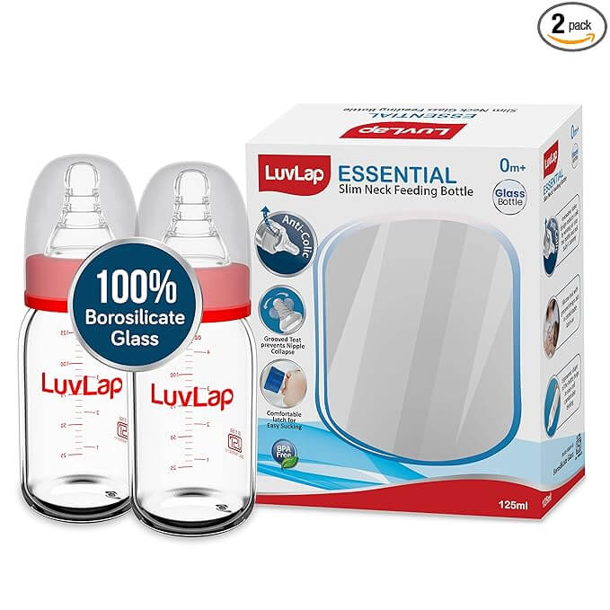 LuvLap Essential Slim Neck Glass Feeding Bottle, 125ml, 0m+/Babies Upto 3 Years, Made of Borosilicate Glass, BPA Free, Ergonomic Shape is Easy to Hold, with Anti Colic Nipple, Pack of 2, White & Red